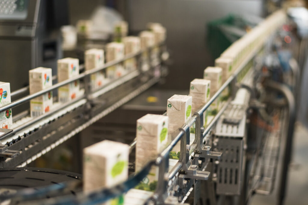 conveyor belt with food products