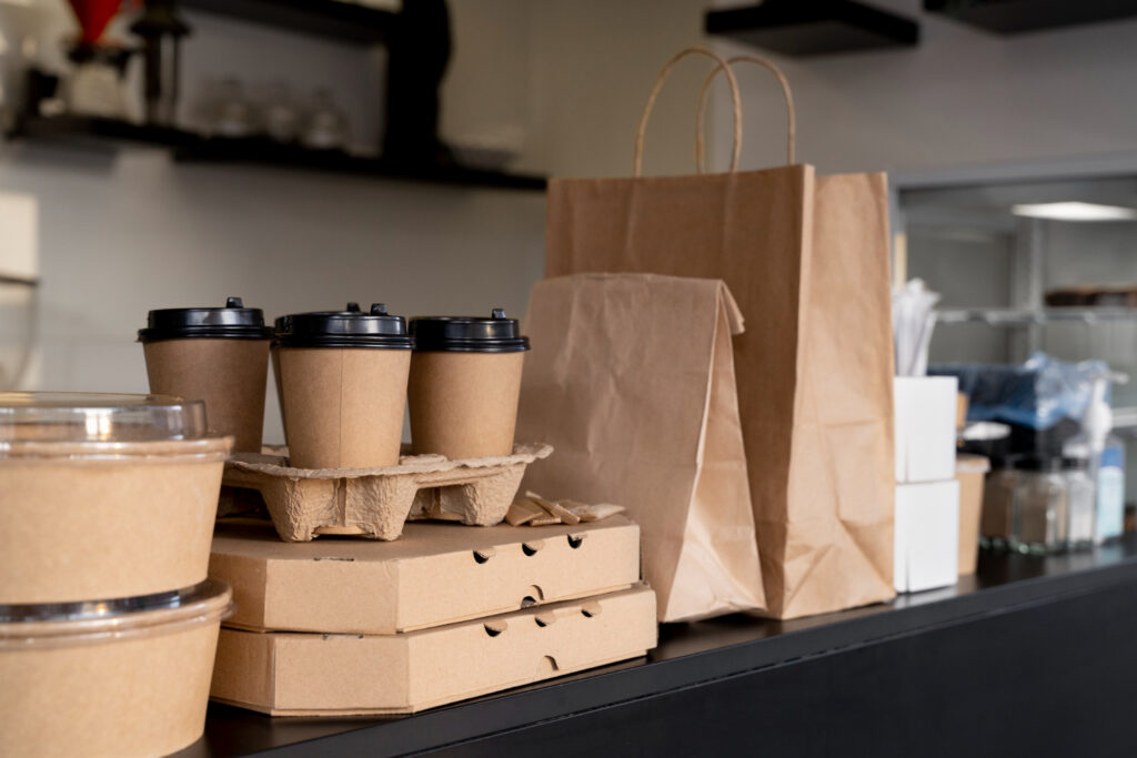 food packaged in plain brown paper containers